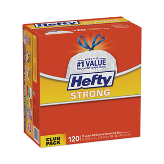 Hefty® Strong Tall Kitchen Drawstring Bags, 13 gal, 0.9 mil, 34" x 48", White, 90/Box (RFPE84574CT)
