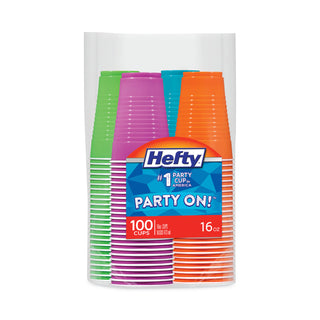 Hefty® Easy Grip Disposable Plastic Party Cups, 16 oz, Assorted, 100/Pack (RFPC21637)