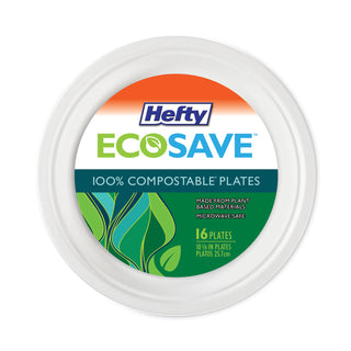 Hefty® ECOSAVE Tableware, Plate, Bagasse, 10.13" dia, White, 16/Pack, 12 Packs/Carton (RFPD71016)