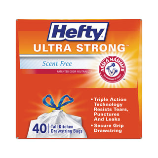 Hefty® Ultra Strong Tall Kitchen and Trash Bags, 13 gal, 0.9 mil, 23.75" x 24.88", White, 40/Box, 6 Boxes/Carton (RFPE88338CT)