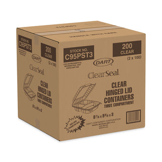 Dart® ClearSeal Plastic Hinged Container, 3-Comp, 9 x 9-1/2 x 3, 100/Bag, 2 Bags/CT (DCCC95PST3)