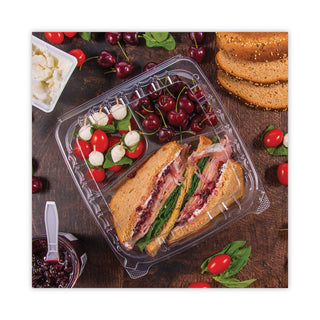 Dart® ClearSeal Plastic Hinged Container, 3-Comp, 9 x 9-1/2 x 3, 100/Bag, 2 Bags/CT (DCCC95PST3)