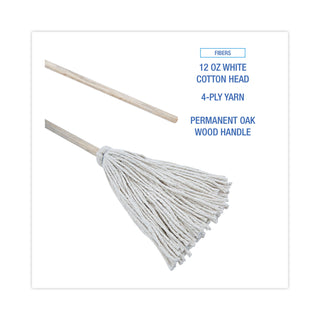 Boardwalk® Handle/Deck Mops, #12 White Cotton Head, 48" Natural Wood Handle, 6/Pack (BWK112C)