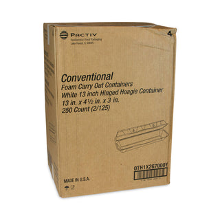 Pactiv Evergreen Foam Hinged Lid Containers, Dual Tab Lock Hoagie, 13 x 4 x 4, 1-Compartment, White, 250/Carton (PCT0TH1X267000Y)