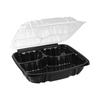 Pactiv Evergreen EarthChoice Dual Color Hinged-Lid Takeout Container, 3-Compartment, 34 oz, 10.5 x 9.5 x 3, Black/Clear, 132/Carton (PCTDC109330B000)