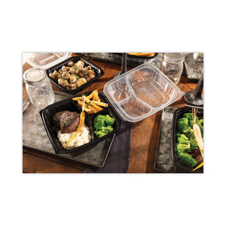 Pactiv Evergreen EarthChoice Dual Color Hinged-Lid Takeout Container, 3-Compartment, 34 oz, 10.5 x 9.5 x 3, Black/Clear, 132/Carton (PCTDC109330B000)