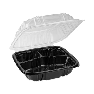 Pactiv Evergreen EarthChoice Dual Color Hinged-Lid Takeout Container, 3-Compartment, 21 oz, 8.5 x 8.5 x 3, Black/Clear, 150/Carton (PCTDC858310B000)