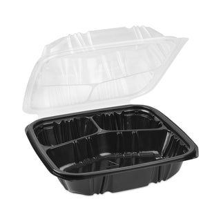 Pactiv Evergreen EarthChoice Dual Color Hinged-Lid Takeout Container, 33 oz, 8.5 x 8.5 x 3, 3-Compartment, Black/Clear, 150/Carton (PCTDC858330B000)
