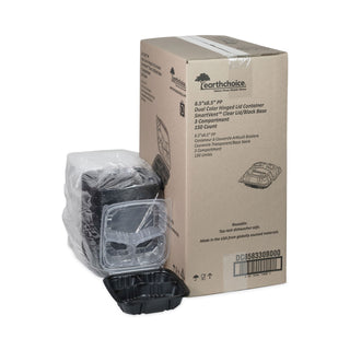 Pactiv Evergreen EarthChoice Dual Color Hinged-Lid Takeout Container, 33 oz, 8.5 x 8.5 x 3, 3-Compartment, Black/Clear, 150/Carton (PCTDC858330B000)