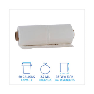 Boardwalk® Industrial Drum Liners Rolls, 60 gal, 2.7 mil, 38 x 63, Clear, 1 Roll of 50 Bags (BWKD38634CL)