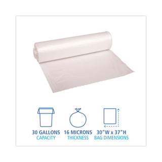 Boardwalk® High Density Industrial Can Liners Coreless Rolls, 30 gal, 16 mic, 30 x 37, Natural, 25 Bags/Roll, 20 Rolls/Carton (BWKRH3037S)