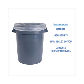 Boardwalk® High Density Industrial Can Liners Coreless Rolls, 30 gal, 16 mic, 30 x 37, Natural, 25 Bags/Roll, 20 Rolls/Carton (BWKRH3037S)