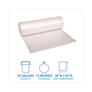 Boardwalk® High Density Industrial Can Liners Coreless Rolls, 60 gal, 13 mic, 38 x 60, Natural, 25 Bags/Roll, 8 Rolls/Carton (BWKRH3860H)