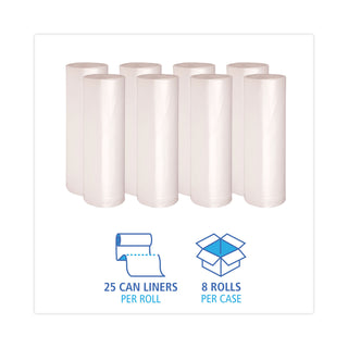 Boardwalk® High Density Industrial Can Liners Coreless Rolls, 60 gal, 13 mic, 38 x 60, Natural, 25 Bags/Roll, 8 Rolls/Carton (BWKRH3860H)