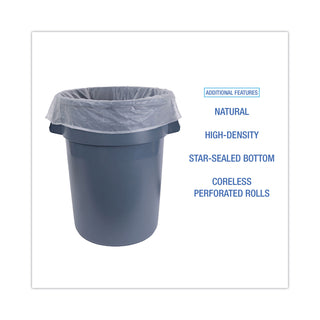 Boardwalk® High Density Industrial Can Liners Coreless Rolls, 60 gal, 13 mic, 38 x 60, Natural, 25 Bags/Roll, 8 Rolls/Carton (BWKRH3860H)