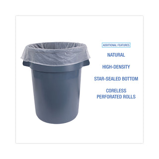 Boardwalk® High Density Industrial Can Liners Coreless Rolls, 60 gal, 16 mic, 38 x 60, Natural, 25 Bags/Roll, 8 Rolls/Carton (BWKRH3860S)