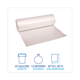 Boardwalk® High Density Industrial Can Liners Coreless Rolls, 45 gal, 13 mic, 40 x 48, Natural, 25 Bags/Roll, 10 Rolls/Carton (BWKRH4048H)
