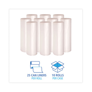 Boardwalk® High Density Industrial Can Liners Coreless Rolls, 45 gal, 13 mic, 40 x 48, Natural, 25 Bags/Roll, 10 Rolls/Carton (BWKRH4048H)
