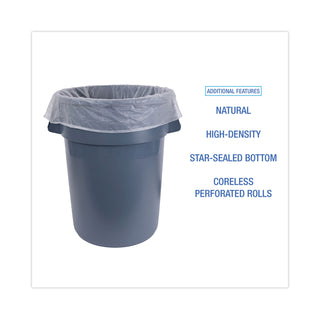 Boardwalk® High Density Industrial Can Liners Coreless Rolls, 45 gal, 13 mic, 40 x 48, Natural, 25 Bags/Roll, 10 Rolls/Carton (BWKRH4048H)