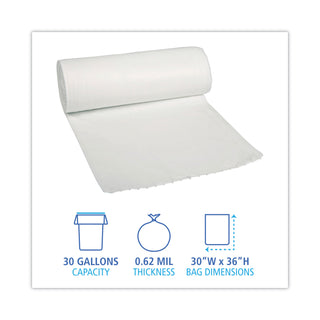 Boardwalk® Linear Low Density Can Liners, 30 gal, 0.5 mil, 30" x 36", White, 10 Bags/Roll, 20 Rolls/Carton (BWK511)