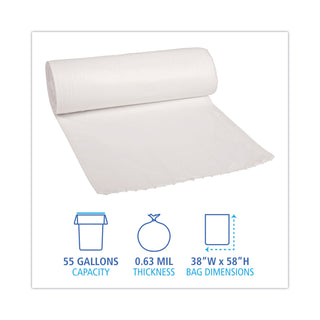 Boardwalk® Linear Low Density Can Liners, 55 gal, 0.5 mil, 38" x 58", White, 10 Bags/Roll, 10 Rolls/Carton (BWK515)