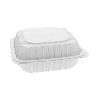 Pactiv Evergreen Vented Microwavable Hinged-Lid Takeout Container, 3-Compartment, 8.5 x 8.5 x 3.1, White, 146/Carton (PCTYCNW0853)