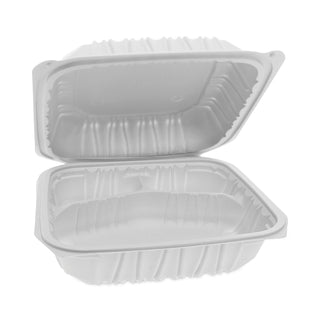 Pactiv Evergreen Vented Microwavable Hinged-Lid Takeout Container, 3-Compartment, 8.5 x 8.5 x 3.1, White, 146/Carton (PCTYCNW0853)
