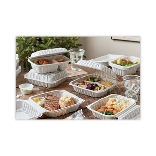 Pactiv Evergreen Vented Microwavable Hinged-Lid Takeout Container, 3-Compartment, 8.5 x 8.5 x 3.1, White, 146/Carton (PCTYCNW0853)