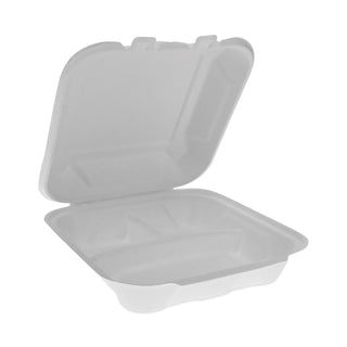 Pactiv Evergreen EarthChoice Bagasse Hinged Lid Container, 7.8 x 7.8 x 2.8, 3-Compartment, Natural, 150/Carton (PCTYMCH08030001)