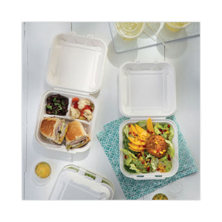 Pactiv Evergreen EarthChoice Bagasse Hinged Lid Container, 7.8 x 7.8 x 2.8, 3-Compartment, Natural, 150/Carton (PCTYMCH08030001)