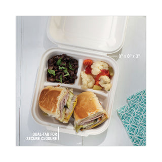 Pactiv Evergreen EarthChoice Bagasse Hinged Lid Container, 7.8 x 7.8 x 2.8, 3-Compartment, Natural, 150/Carton (PCTYMCH08030001)