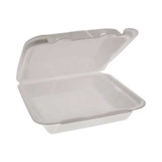 Pactiv Evergreen Foam Hinged Lid Containers, Dual Tab Lock Happy Face, 8 x 7.75 x 2.25, 1-Compartment, White, 200/Carton (PCTYHD18SS00200)