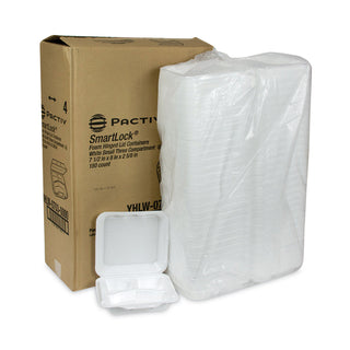Pactiv Evergreen SmartLock Foam Hinged Containers, Small, 7.5 x 8 x 2.63, 3-Compartment, White, 150/Carton (PCTYHLW07030000)