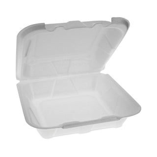 Pactiv Evergreen Foam Hinged Lid Containers, Dual Tab Lock Economy, 8.42 x 8.15 x 3, 1-Compartment, White, 150/Carton (PCTYTD18801ECON)