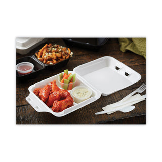 Pactiv Evergreen Foam Hinged Lid Containers, Dual Tab Lock Economy, 8.42 x 8.15 x 3, 3-Compartment, White, 150/Carton (PCTYTD18803ECON)
