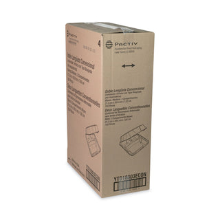 Pactiv Evergreen Foam Hinged Lid Containers, Dual Tab Lock Economy, 8.42 x 8.15 x 3, 3-Compartment, White, 150/Carton (PCTYTD18803ECON)