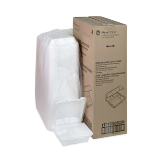 Pactiv Evergreen Foam Hinged Lid Containers, Dual Tab Lock Economy, 8.42 x 8.15 x 3, 3-Compartment, White, 150/Carton (PCTYTD18803ECON)