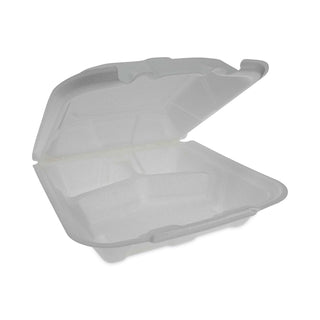 Pactiv Evergreen Foam Hinged Lid Containers, Dual Tab Lock Economy, 9.13 x 9 x 3.25, 3-Compartment, White, 150/Carton (PCTYTD19903ECON)