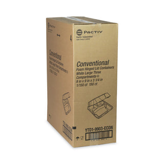 Pactiv Evergreen Foam Hinged Lid Containers, Dual Tab Lock Economy, 9.13 x 9 x 3.25, 3-Compartment, White, 150/Carton (PCTYTD19903ECON)