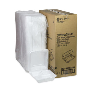 Pactiv Evergreen Foam Hinged Lid Containers, Dual Tab Lock Economy, 9.13 x 9 x 3.25, 3-Compartment, White, 150/Carton (PCTYTD19903ECON)