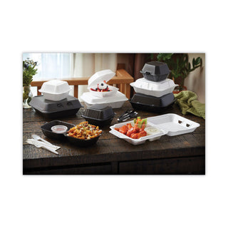 Pactiv Evergreen Foam Hinged Lid Containers, Dual Tab Lock Economy, 9.13 x 9 x 3.25, 3-Compartment, White, 150/Carton (PCTYTD19903ECON)