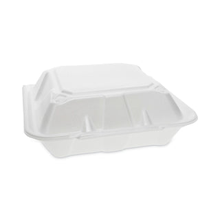 Pactiv Evergreen Foam Hinged Lid Containers, Dual Tab Lock, 9.13 x 9 x 3.25, 3-Compartment, White, 150/Carton (PCTYTD199030000)