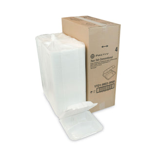 Pactiv Evergreen Foam Hinged Lid Containers, Dual Tab Lock, 9.13 x 9 x 3.25, 3-Compartment, White, 150/Carton (PCTYTD199030000)