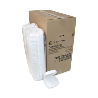Pactiv Evergreen Foam Hinged Lid Containers, Single Tab Lock, 6.38 x 6.38 x 3, 1-Compartment, White, 500/Carton (PCTYTH100800000)