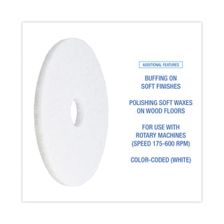 Boardwalk® Polishing Floor Pads, 16" Diameter, White, 5/Carton (BWK4016WHI)