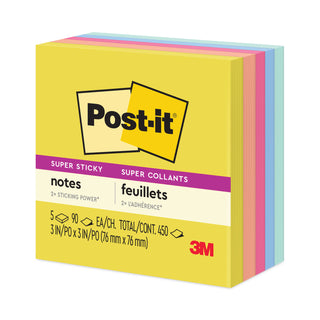 Post-it® Super Sticky Note Pads - Square - 90 Sheets per Pad - Citron, Papaya Fizz, Power Pink, Washed Denim, Fresh Mint - Sticky, Recyclable - 1 Pack (MMM6545SSJOY)