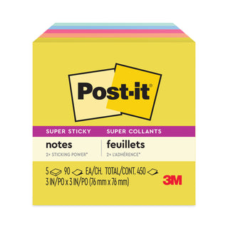 Post-it® Super Sticky Note Pads - Square - 90 Sheets per Pad - Citron, Papaya Fizz, Power Pink, Washed Denim, Fresh Mint - Sticky, Recyclable - 1 Pack (MMM6545SSJOY)