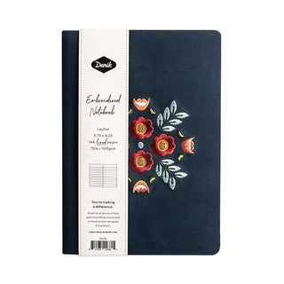 Denik Embroidered Vegan-Suede Layflat Hardbound Journal, Evelyn's Floral Bouquet, College Rule, Dark Blue Cover, 8 x 5.5, 72 Sheets (DNKAHBC550L)