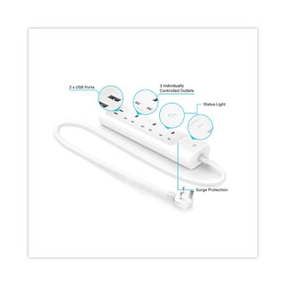 TP-Link Kasa Smart WiFi 3-Outlet Power Strip, 3 Outlets, 2 USB Ports, White (TPLKP303)
