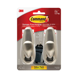 Command™ Adhesive Mount Metal Hook, Large, Brushed Nickel Finish, 2 Hooks and 4 Strips/Pack (MMMFC13BN2ES)
